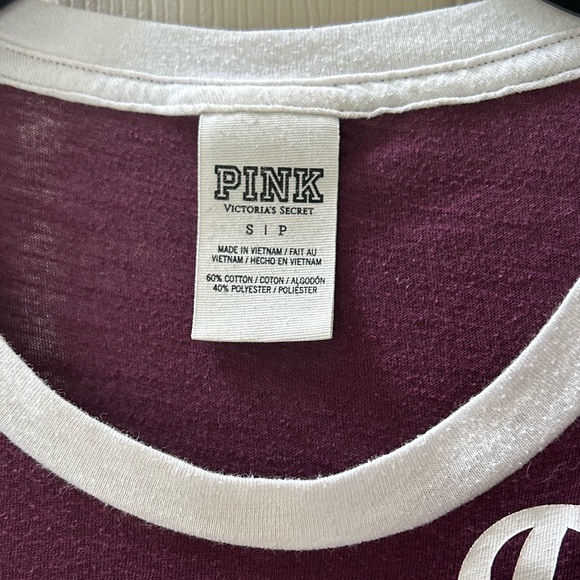 Victoria’s Secret Maroon Burgundy White Love Pink Ringer Tee Shirt Size S - Picture 5 of 8